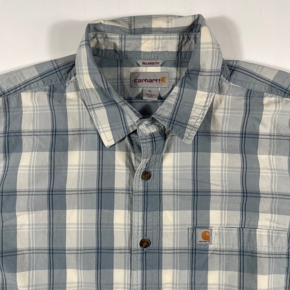 Carhartt Button Down Shirt Mens XL Relaxed‎ Fit Plaid Short Sleeve Blue White